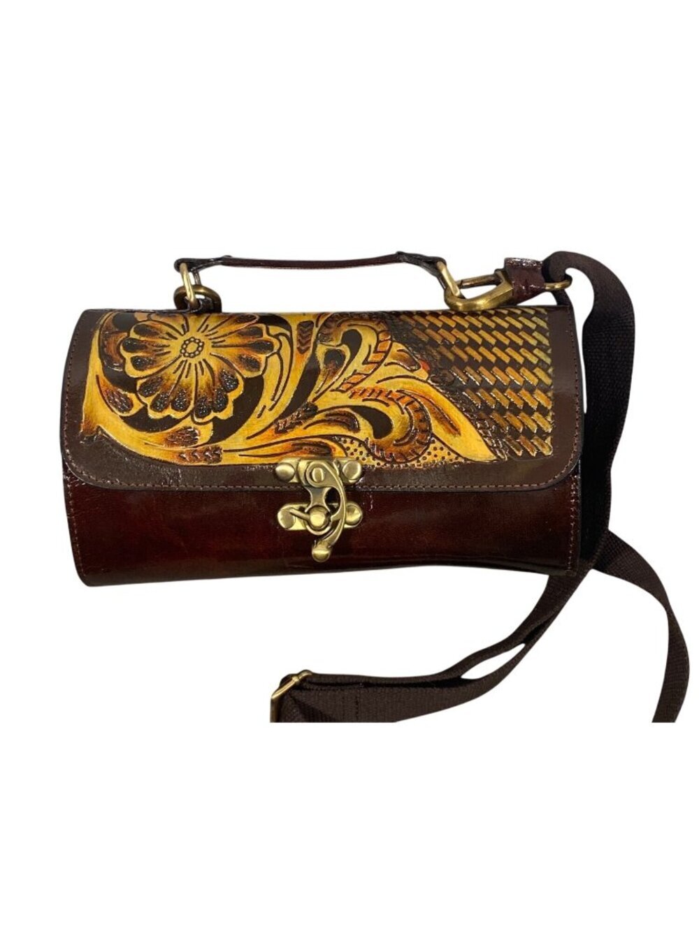 Handcrafted Western Tooled lightweight Leather cylindrical Crossbody Bag Floral